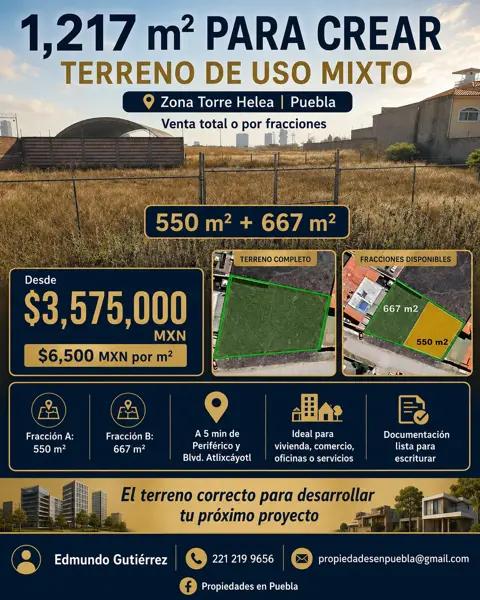 1,217 m² PARA CREAR. Terreno de uso mixto. 550 m² + 667 m²