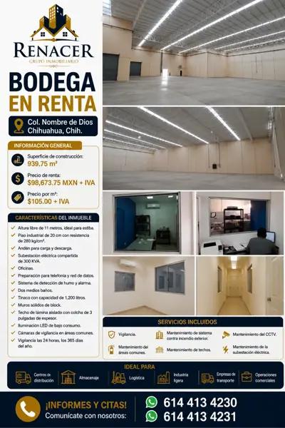 BODEGA EN RENTA $98,673.75 UBICADA EN LA COLONIA NOMBRE DE DIOS