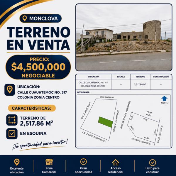 TERRENO COMERCIAL EN VENTA EN ZONA CENTRO DE MONCLOVA, COAHUILA