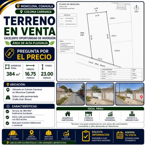 TERRENO EN VENTA EN COLONIA CARRANZA, MONCLOVA, COAHUILA