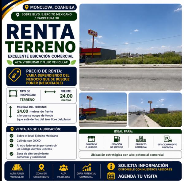 TERRENO COMERCIAL EN RENTA SOBRE BOULEVARD EJÉRCITO MEXICANO / CARRETERA 30, MONCLOVA, COAHUILA