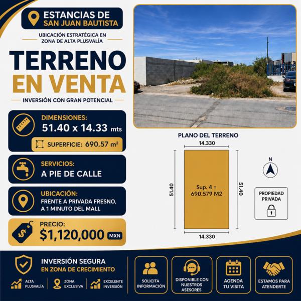 TERRENO EN VENTA EN ESTANCIAS DE SAN JUAN BAUTISTA, MONCLOVA, COAHUILA