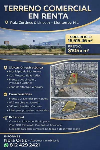 Terreno Comercial en Renta en Prolongación Lincoln, Monterrey