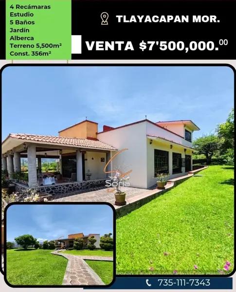 CASA ESTILO MEXICANO 
Tlayacapan Morelos México  

$7,500,000