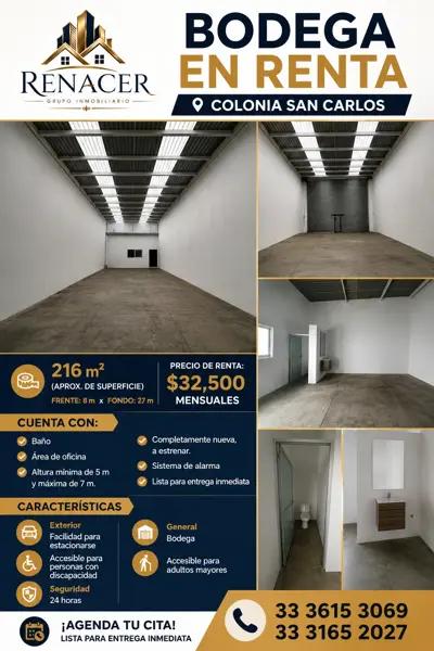 COLONIA SAN CARLOS !!! EXCELENTE BODEGA EN RENTA LISTA PARA ESTRENAR