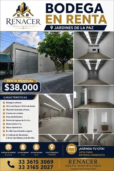 JARDINES DE LA PAZ !!!! EXCELENTE BODEGA EN RENTA NUEVECITA