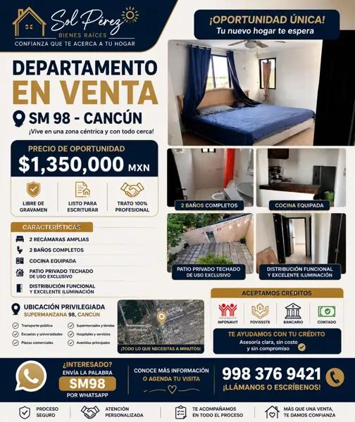 DEPARTAMENTO EN VENTA EN SM 98, CANCÚN | 2 RECÁMARAS, 2 BAÑOS | $1,350,000 MXN