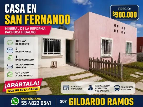 CASA 1 NIVEL EN SAN FERNANDO EN MINERAL DE LA REFORMA EN PACHUCA HIDALGO