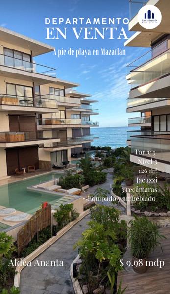 Exclusivo departamento a Pie de Playa, totalmente amueblado y equipado en Mazatlán, Sinaloa.