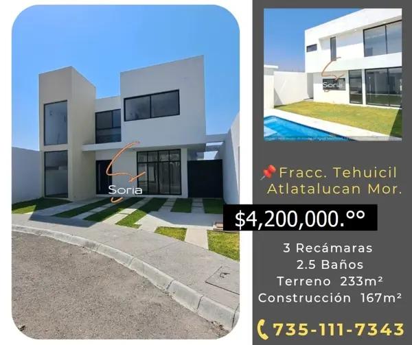 CASA EN FRACCIONAMIENTO EL TEHUICIL ATLATLAUCAN MORELOS.