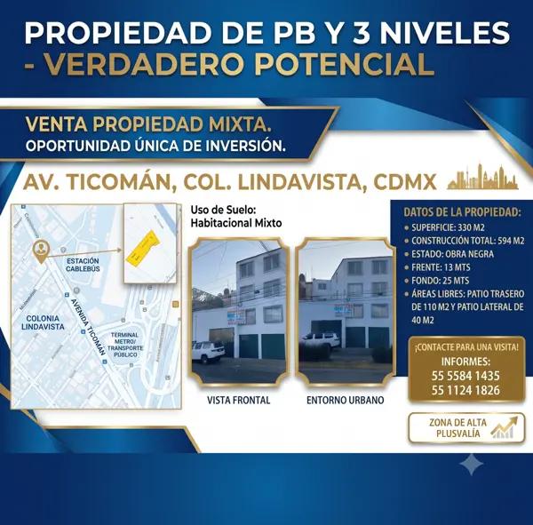 Magnifica Propiedad, Venta Edificio en Lindavista, Sobre Av Ticomán.