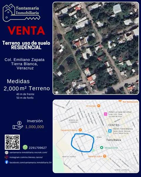 Terreno de 2,000 m2 en Venta, en Tierra Blanca, Veracruz