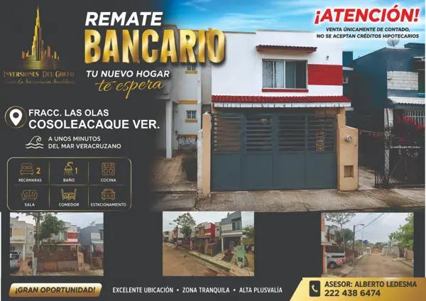 Oportunidad de casa en remate hipotecario en Residencial las Olas, Cosoleacaque