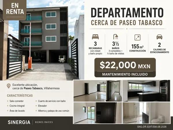 Departamento en renta cerca de Paseo Tabasco