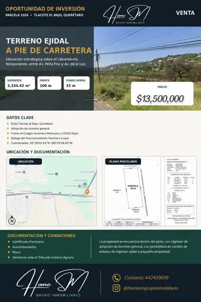 VENTA TERRENO QUERÉTARO LIBRAMIENTO NORPONIENTE FRENTE COLEGIO AUSTRIACO (AV PEÑAFLOR Y AV DE LA LUZ
