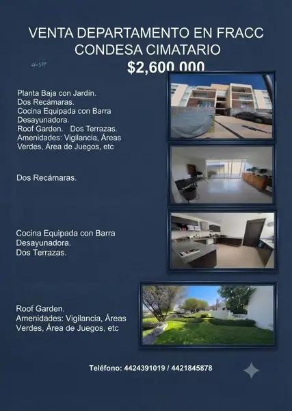 VENTA DEPARTAMENTO QUERÉTARO FRACC CONDESA CIMATARIO LIBRAMIENTO NORPONIENTE.