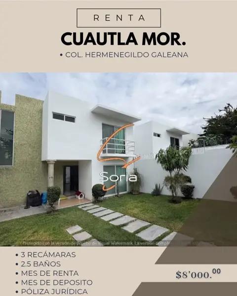 CASA EN RENTA
CUAUTLA MORELOS 
COL. HERMENEGILDO GALEANA